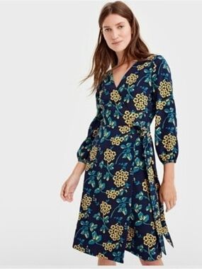 J. Crew Navy Floral Wrap Midi Dress with Yellow Blooms